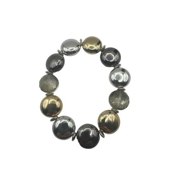Multi Toned Metallic and Crystal Stretch Bracelet Silver Gold Black Smoke 7.5 in - Picture 5 of 5